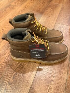 Wolverine Brown Leather Moc Toe Work Boots with Tan Outsole